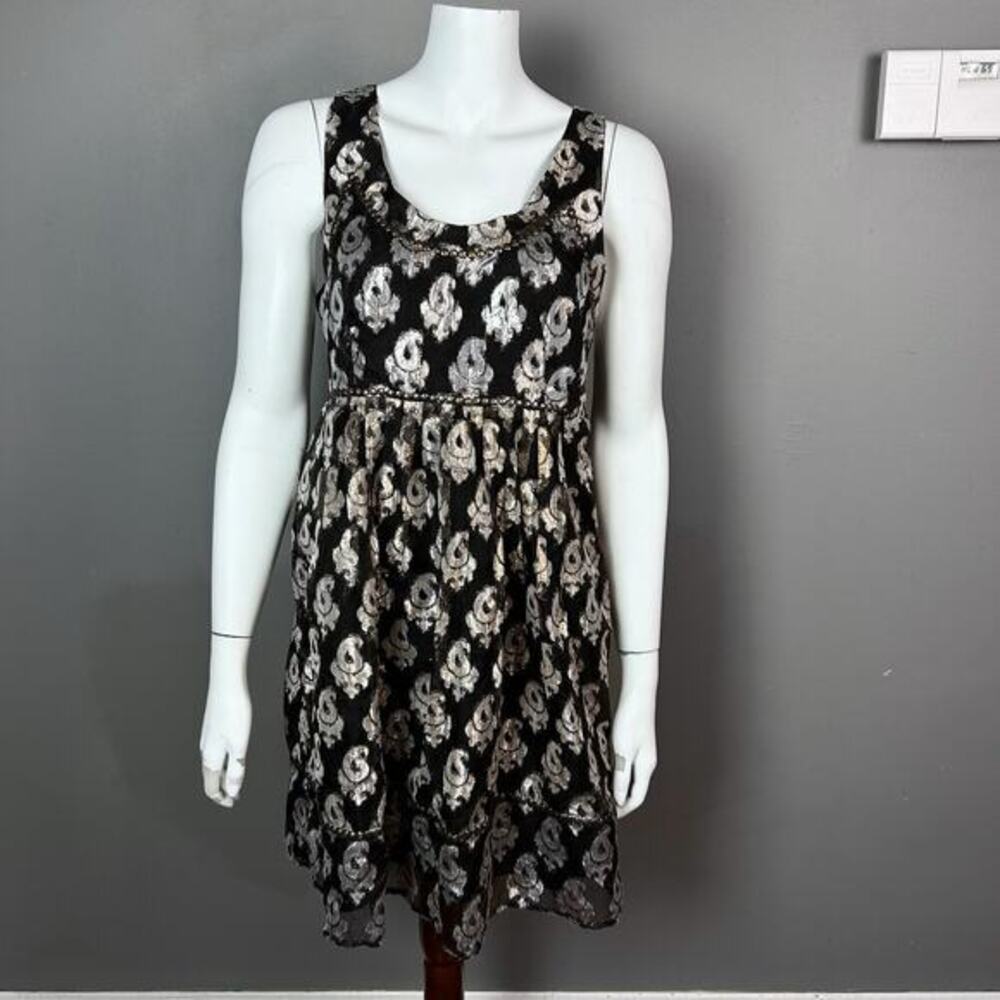 Free People Dress Small Black Metallic Paisley Whimsigoth Studded Babydoll Party